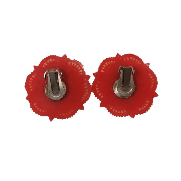 Vintage Celluloid Floral MCM Clip on Earrings Red Asian Inspired - Picture 4 of 5